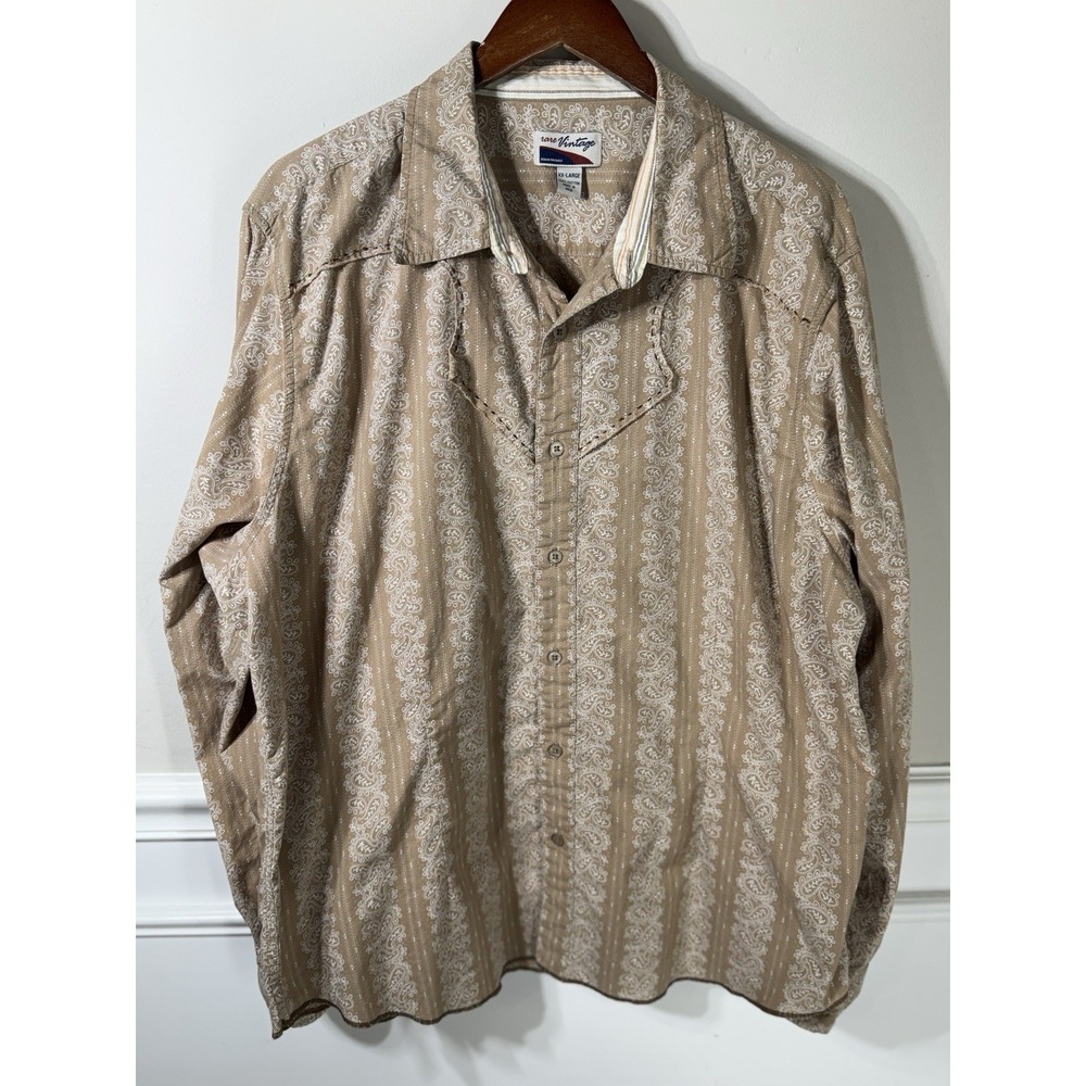 Men's Western Rare Vintage Beige Button Down 2XL Shirt Paisley Wallpaper  *Read